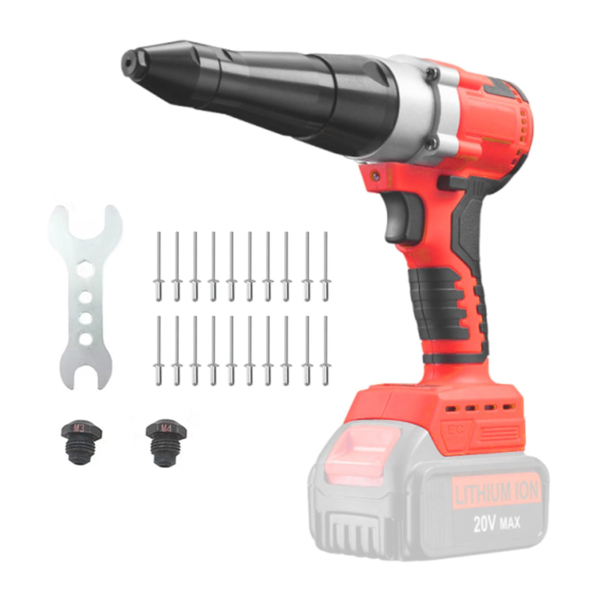 OXVIT front view of cordless rivet gun showing ergonomic body and switch benefit