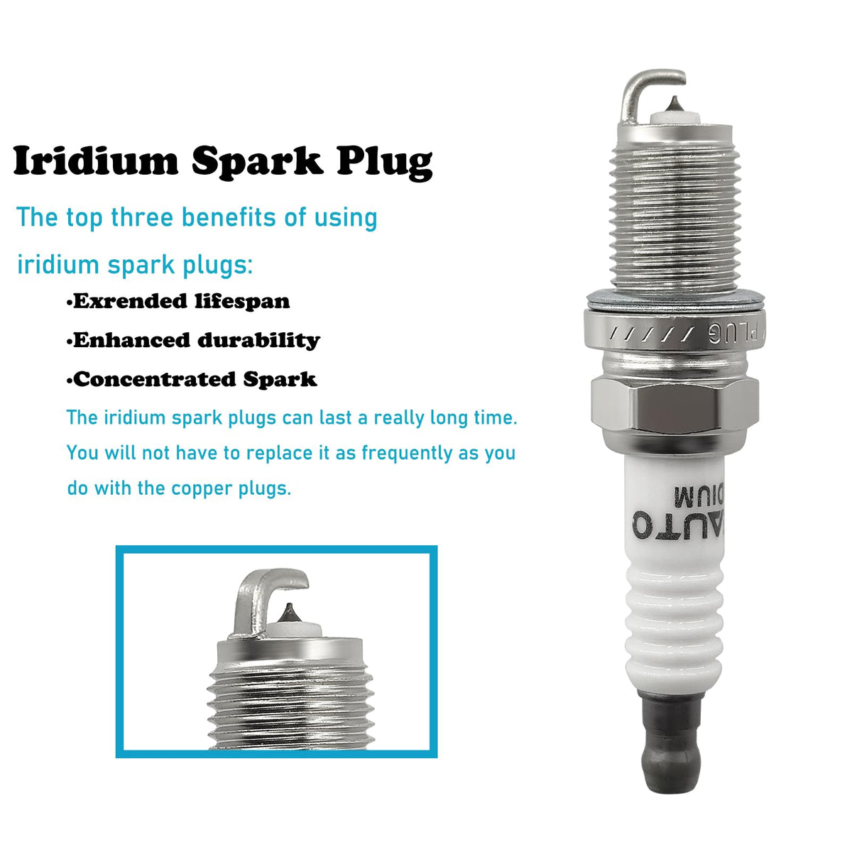OYEAUTO spark plug next to ruler for scale showing correct size and straightforward replacement