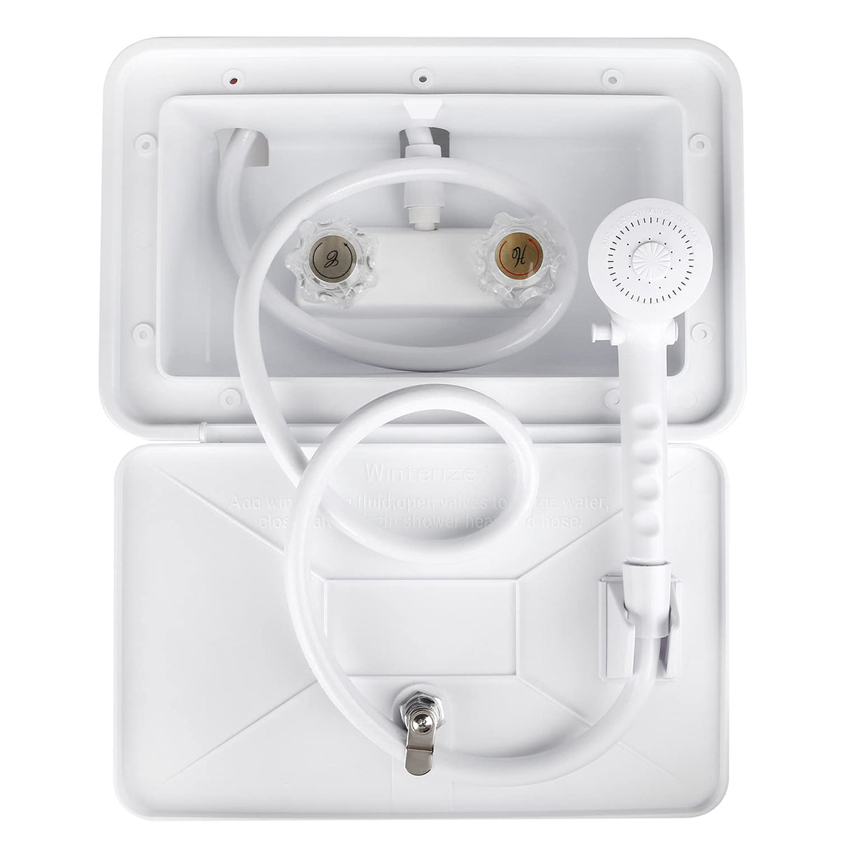 OYMOV exterior shower box front view showing durable enclosure and aesthetic finish for protection