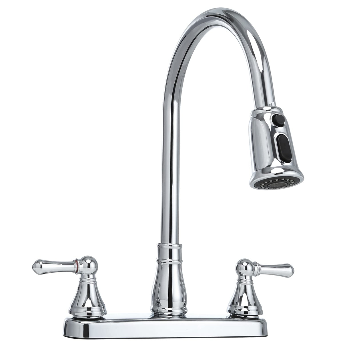 OYMOV front view of faucet showing dual levers and chrome benefits