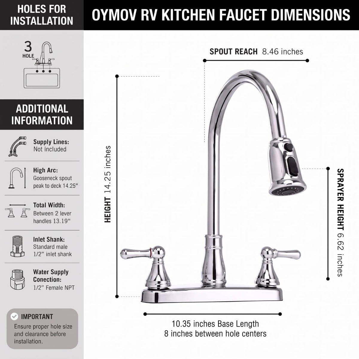 OYMOV faucet next to ruler showing dimensions for planning and fit