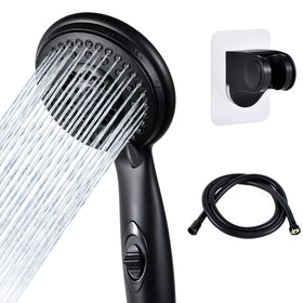 OYMOV matte black shower head front view showing compact sprayface and style benefit