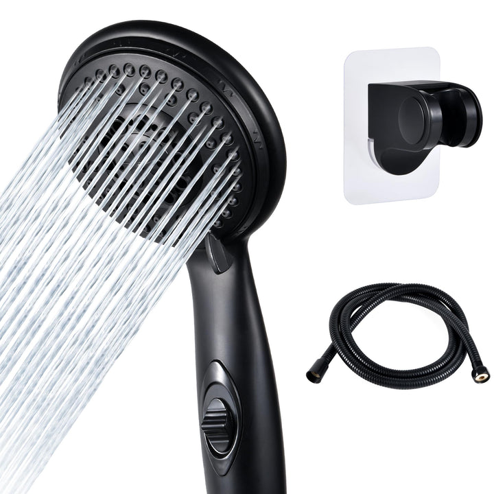 OYMOV matte black shower head front view showing compact sprayface and style benefit