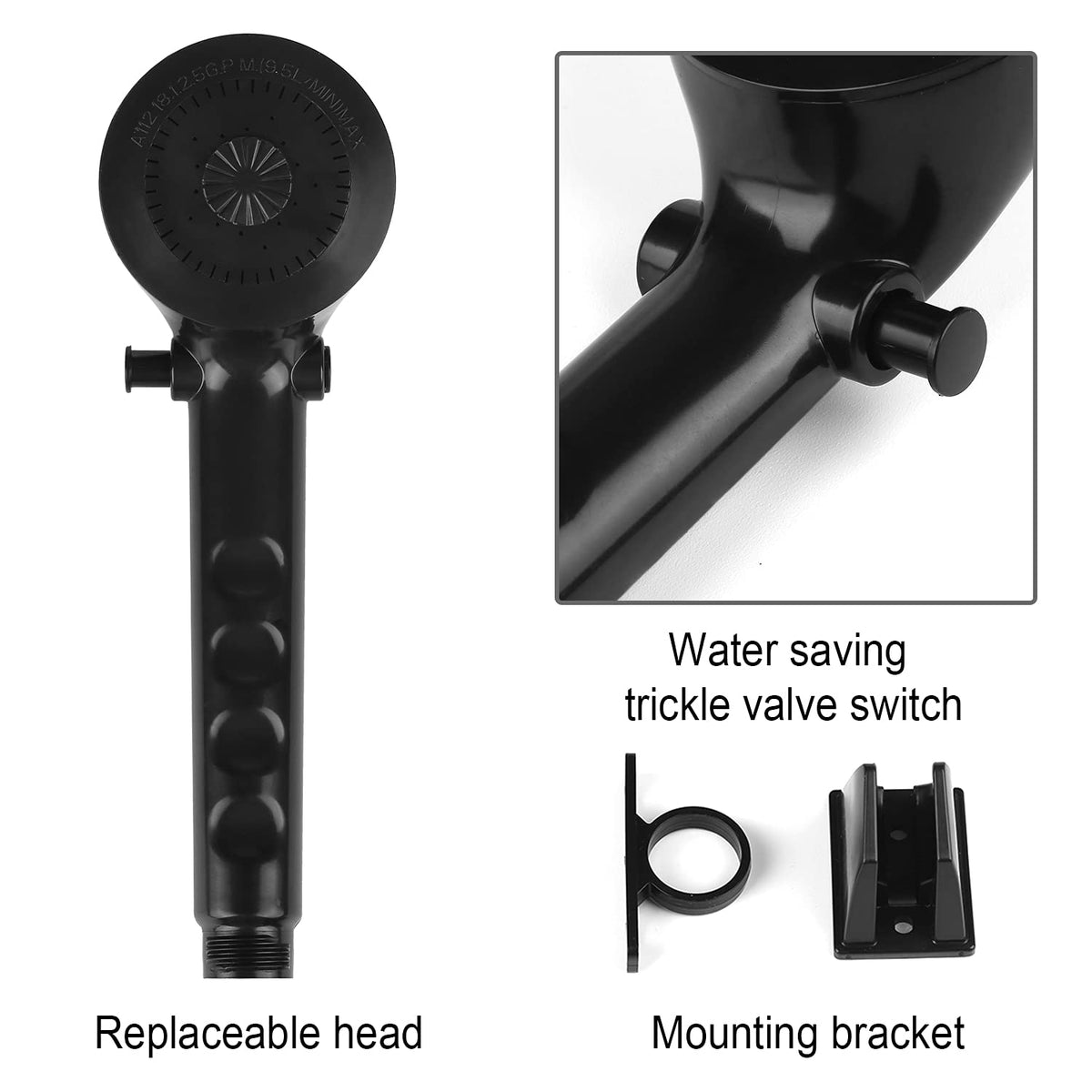 OYMOV handheld shower head detail showing pause button for water saving