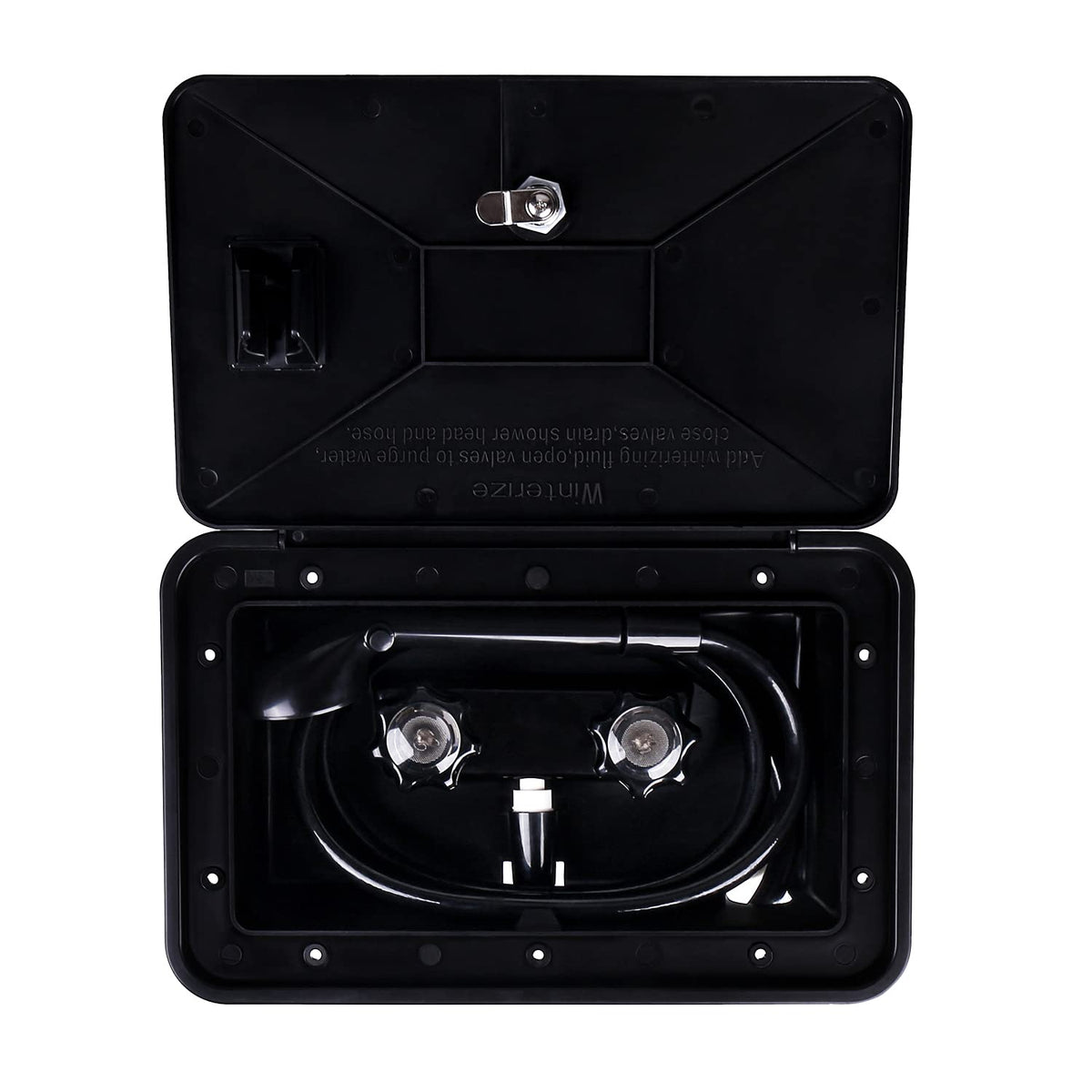 OYMOV lock and keys detail securing the outdoor shower components