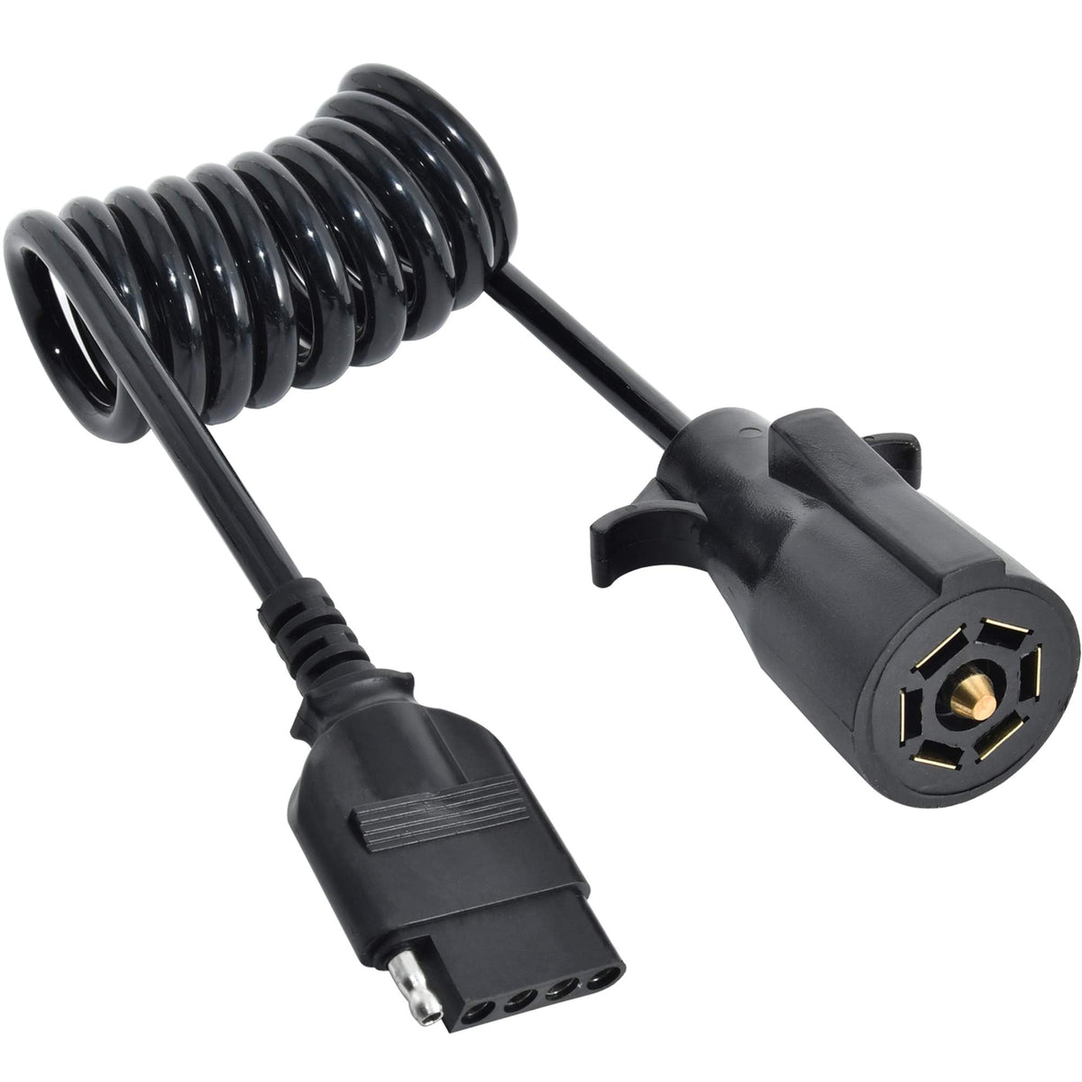 Oyviny front view of 7-to-5 coiled adapter showing connectors and compact coil benefit