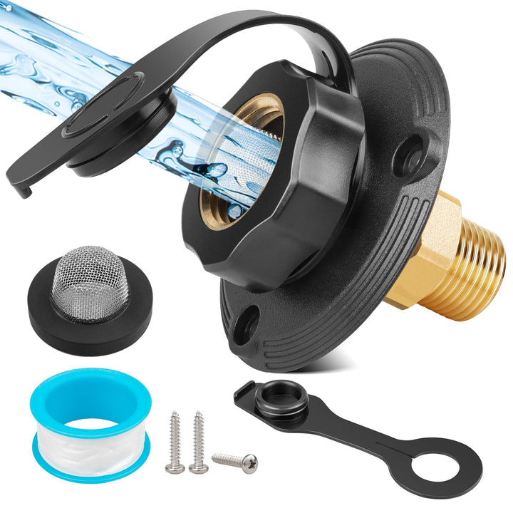 Oyviny front view city water inlet showing flange and cap for clean hose connection