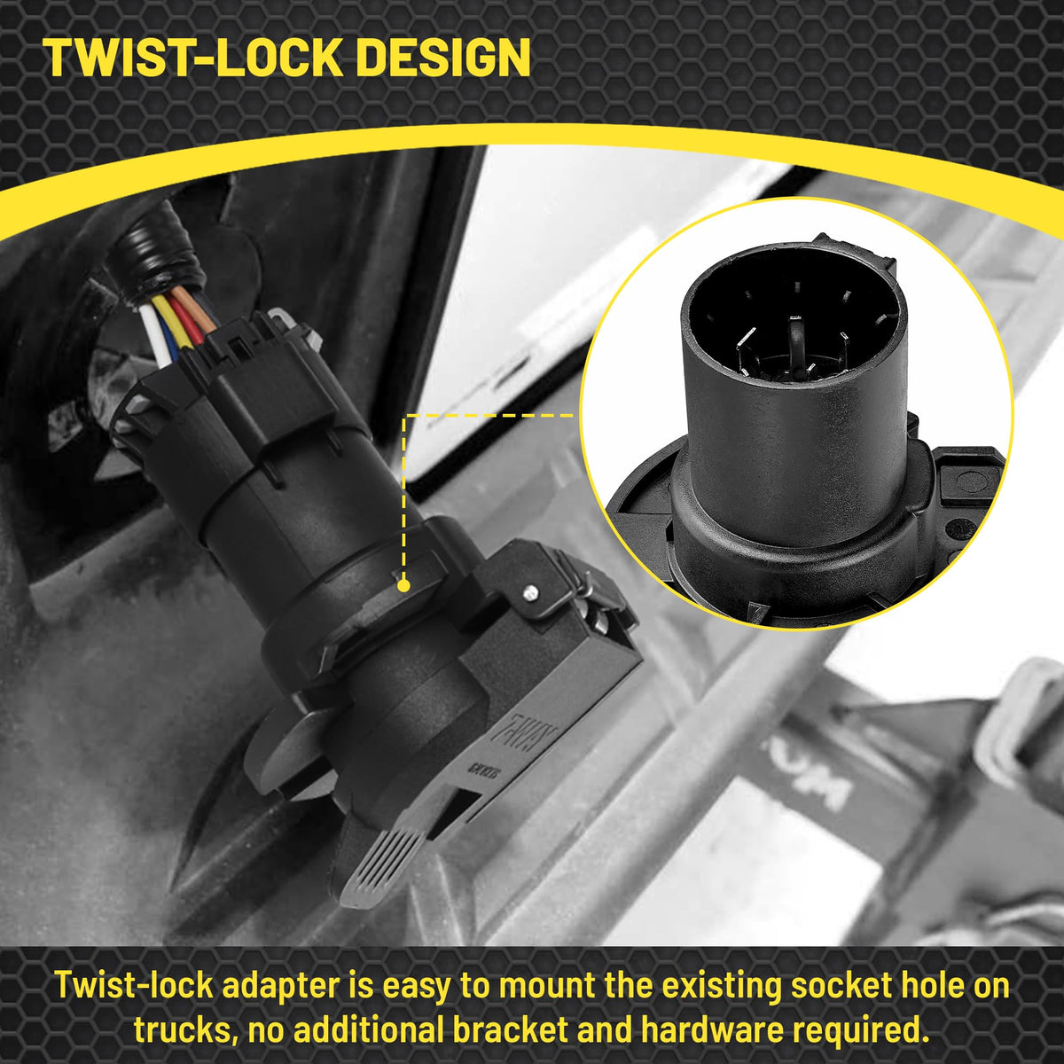 Oyviny adapter installed in truck tow package for easy plug-and-play towing