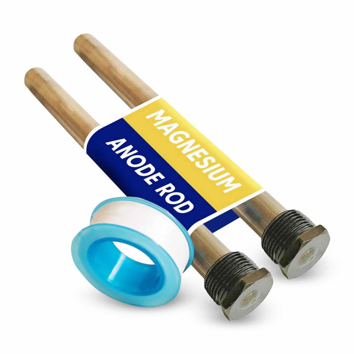 Ozek front view of two anode rods and packaging showing ready-to-install protection
