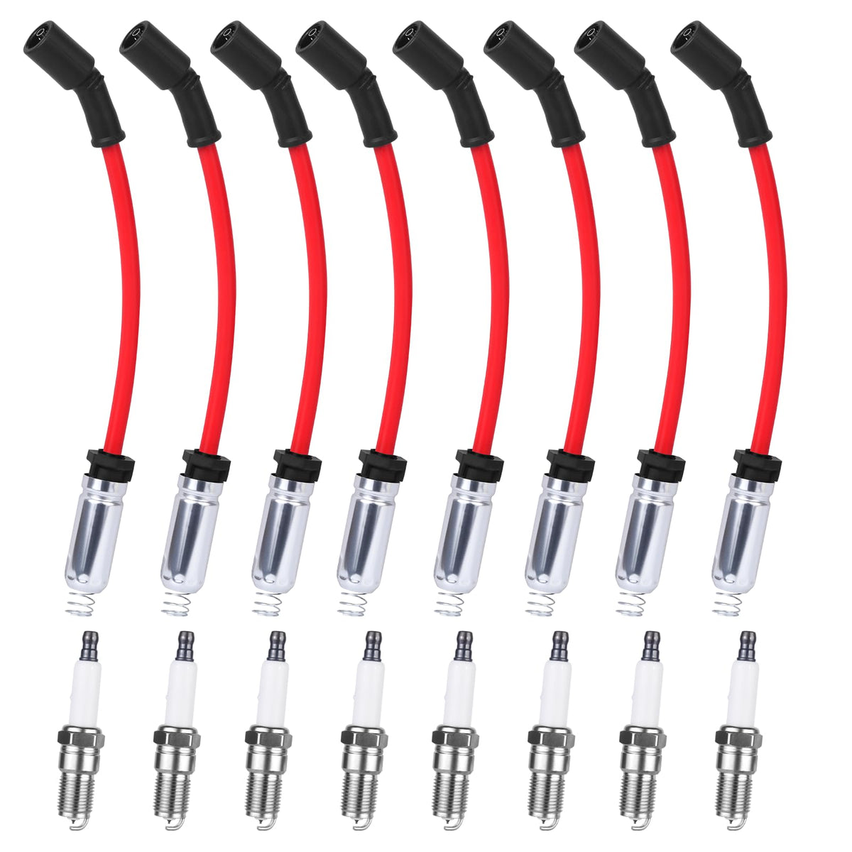 Ozikutech front packaging showing full eight-piece spark plug and wire kit, clear fitment benefit