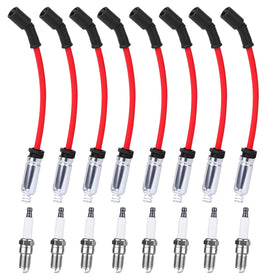 Ozikutech front packaging showing full eight-piece spark plug and wire kit, clear fitment benefit