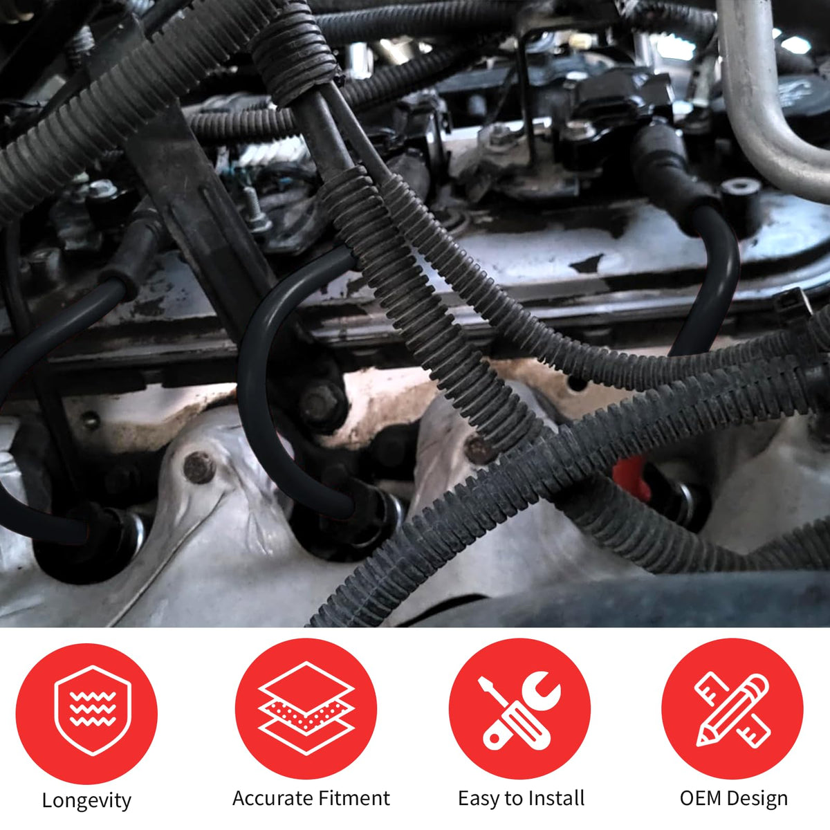 Ozikutech wires installed on a V8 engine showing improved fit and reliability