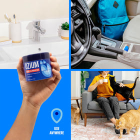 Ozium on bathroom shelf cutting bathroom and damp odors effectively