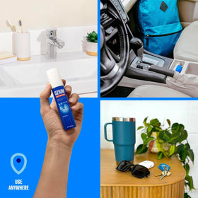 ozium can on a bathroom shelf conveying convenient access and bathroom odor control