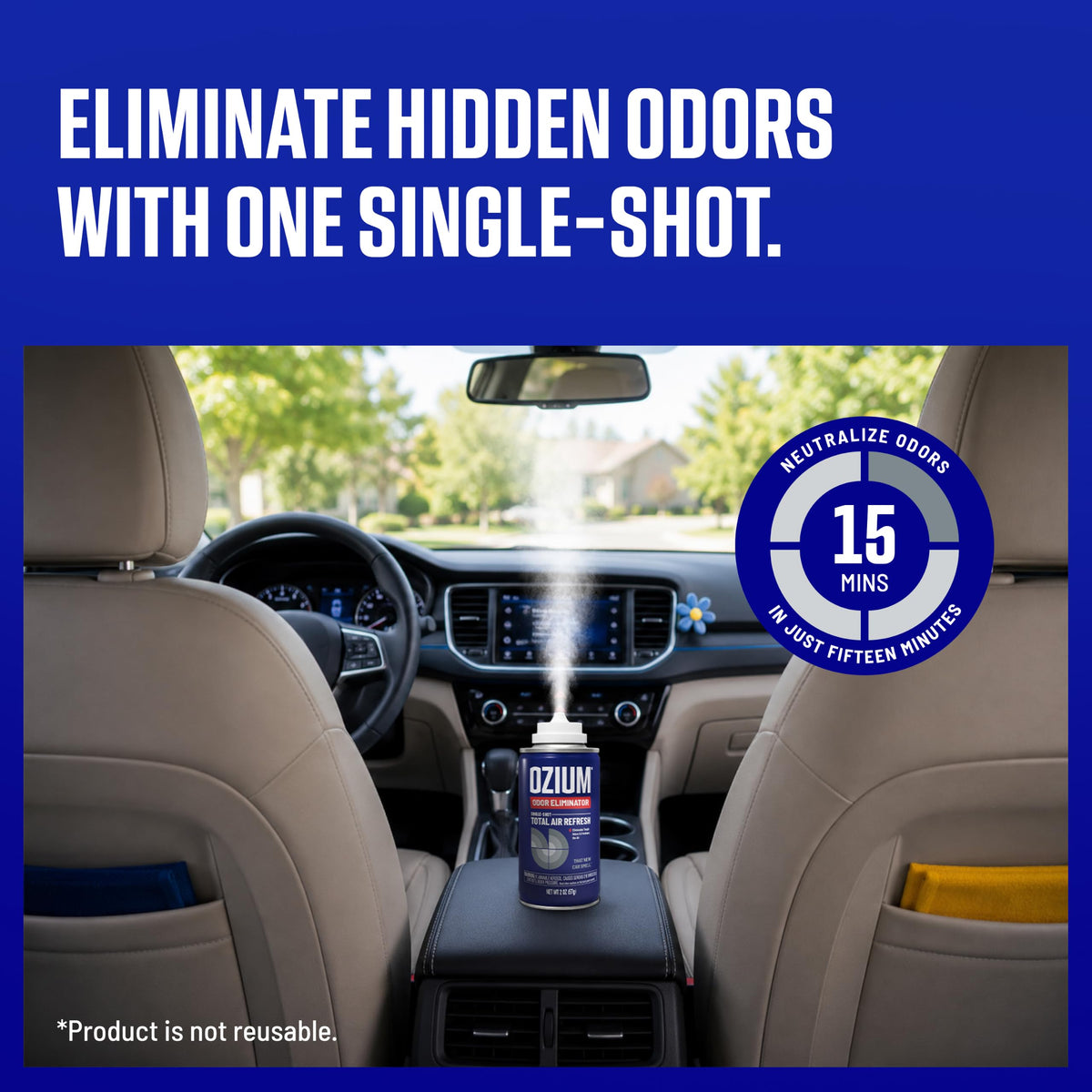 Ozium fog dispersal in car cabin demonstrating even coverage and odor neutralization