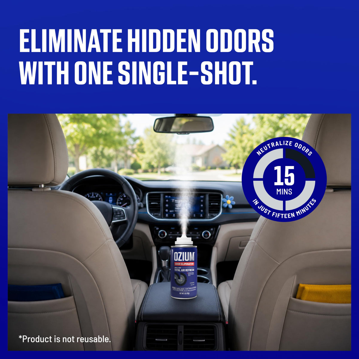 Ozium fogger in action inside car interior providing fast odor neutralizing