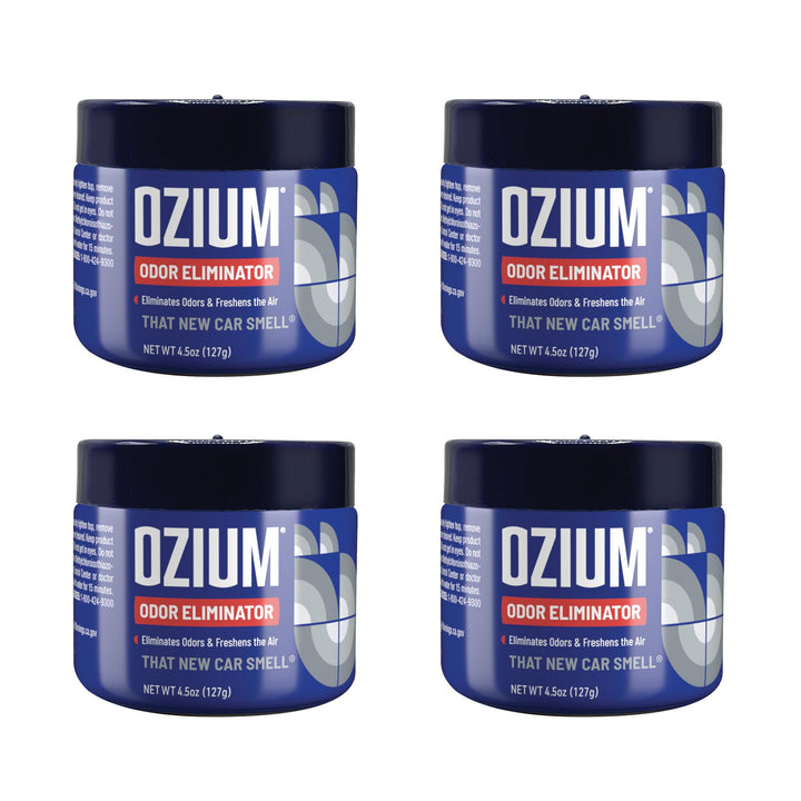 Ozium front label on 4.5 oz jar showing brand and compact design benefit