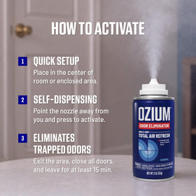 Ozium can placed on a car seat illustrating compact size and targeted treatment