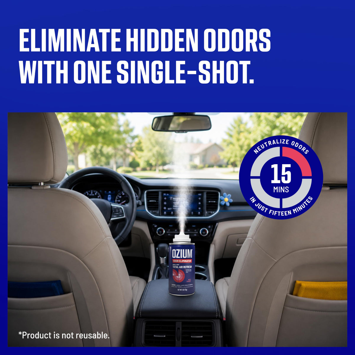 Ozium can placed inside a car cabin illustrating fast interior odor refresh benefit