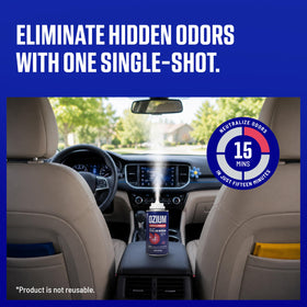 Ozium can placed inside a car cabin illustrating fast interior odor refresh benefit
