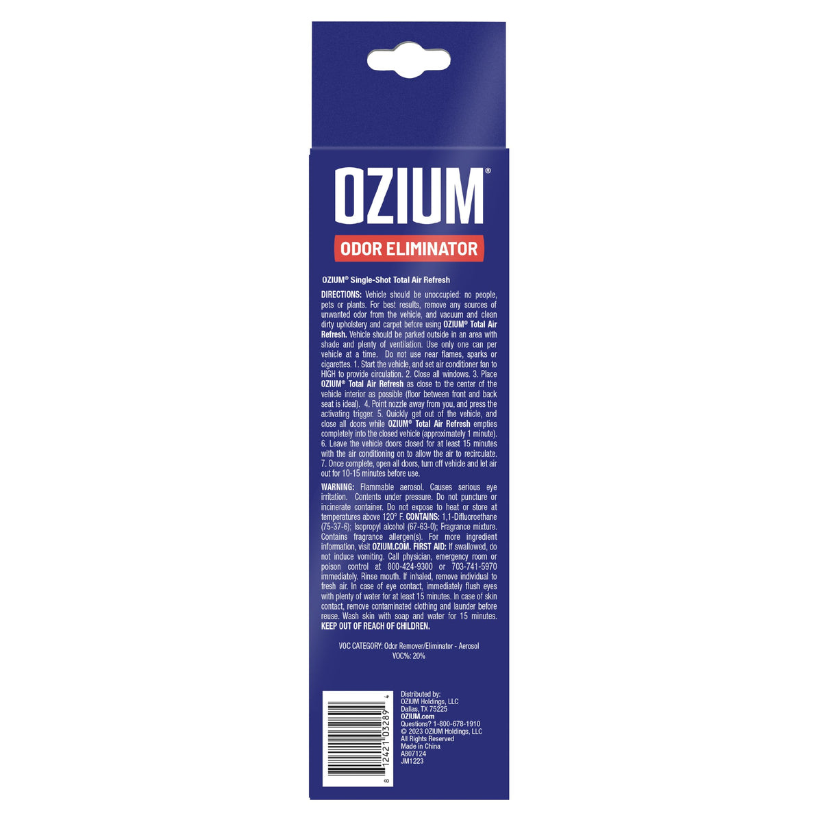 Ozium can with disposal icons indicating responsible recycling and safety benefit
