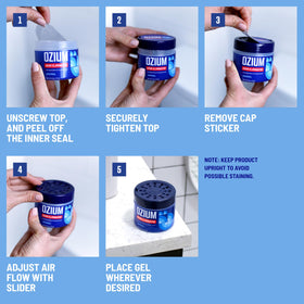 Ozium lineup of scent options displaying Original New Car Outdoor Essence