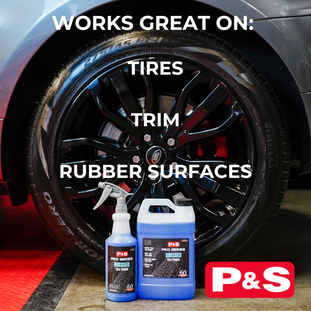 P & S before and after tire comparison showing enhanced satin shine and cleaner look