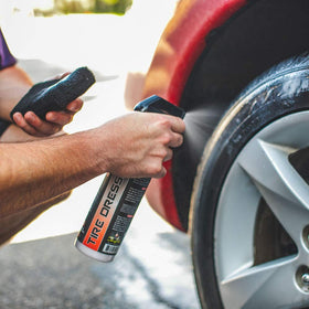 P&S Shine All being applied to a tire showing deep wet-look gloss