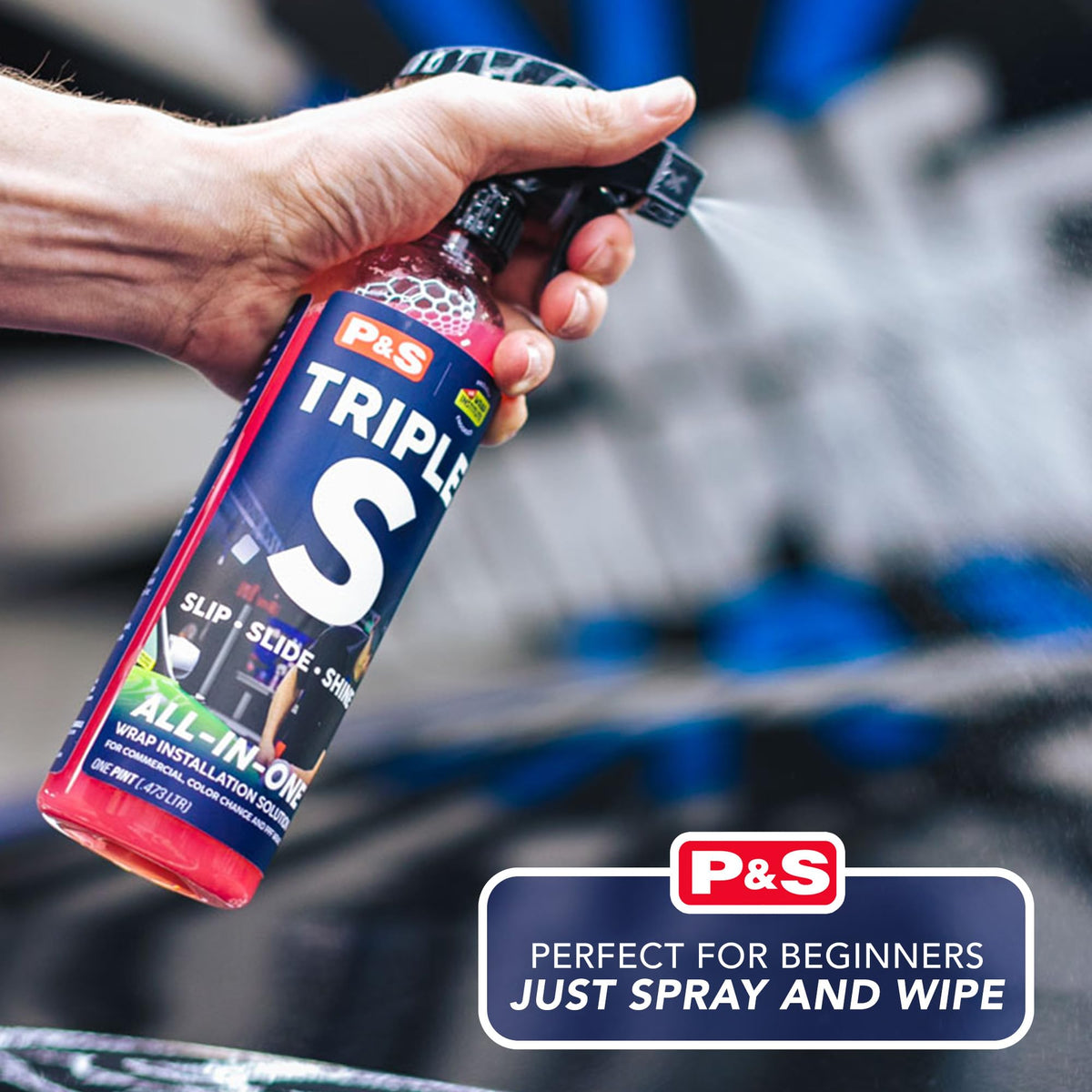 P&S Triple S spray nozzle releasing mist to aid film placement and control
