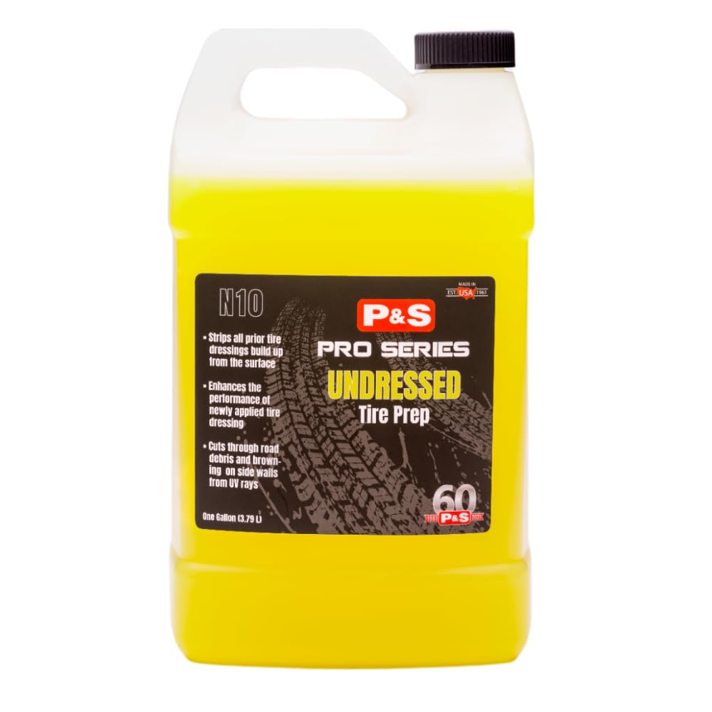 P & S Undressed tire prep gallon bottle front view showing label and professional use benefit