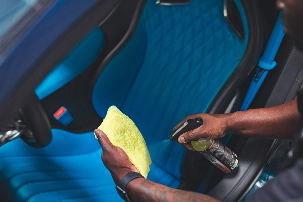 P & S Xpress Interior Cleaner close-up on leather restoring texture without drying