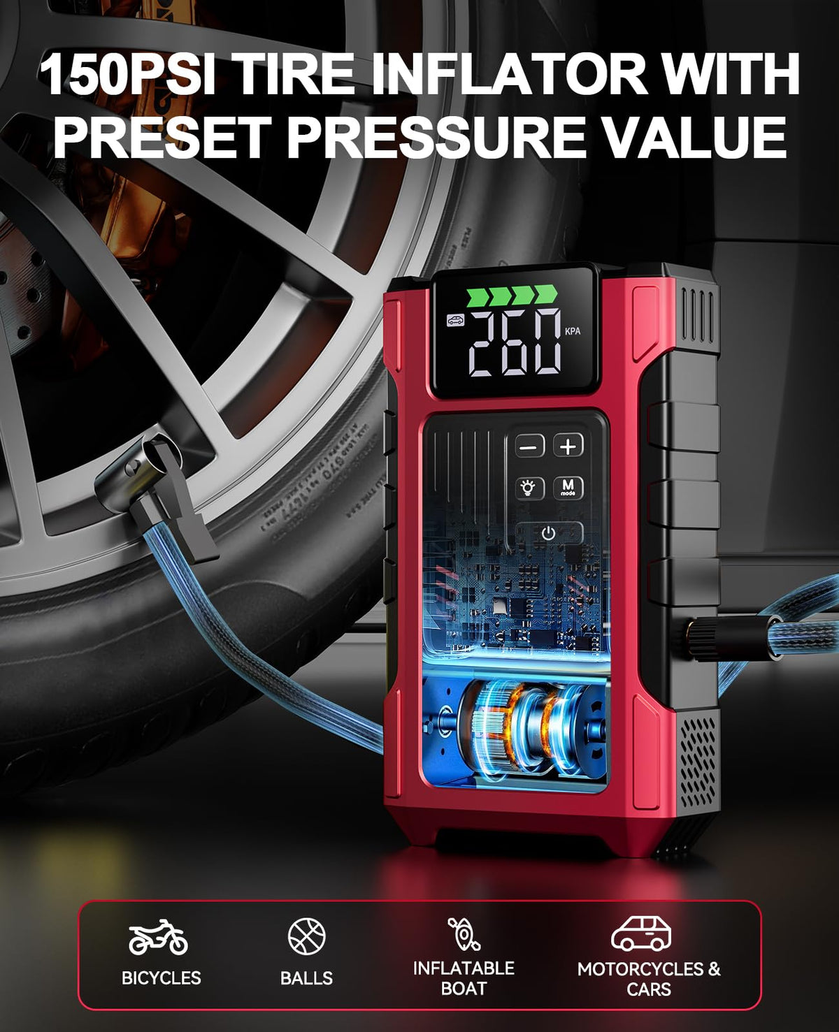 Pabulum compressor close-up highlighting 150PSI pump head for fast tire inflation benefit