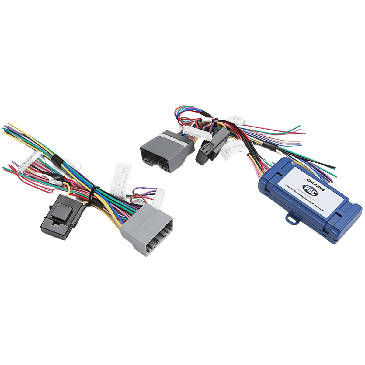 PAC C2R-CHY4 wiring harness close-up showing labeled wires and benefit of clear hookups