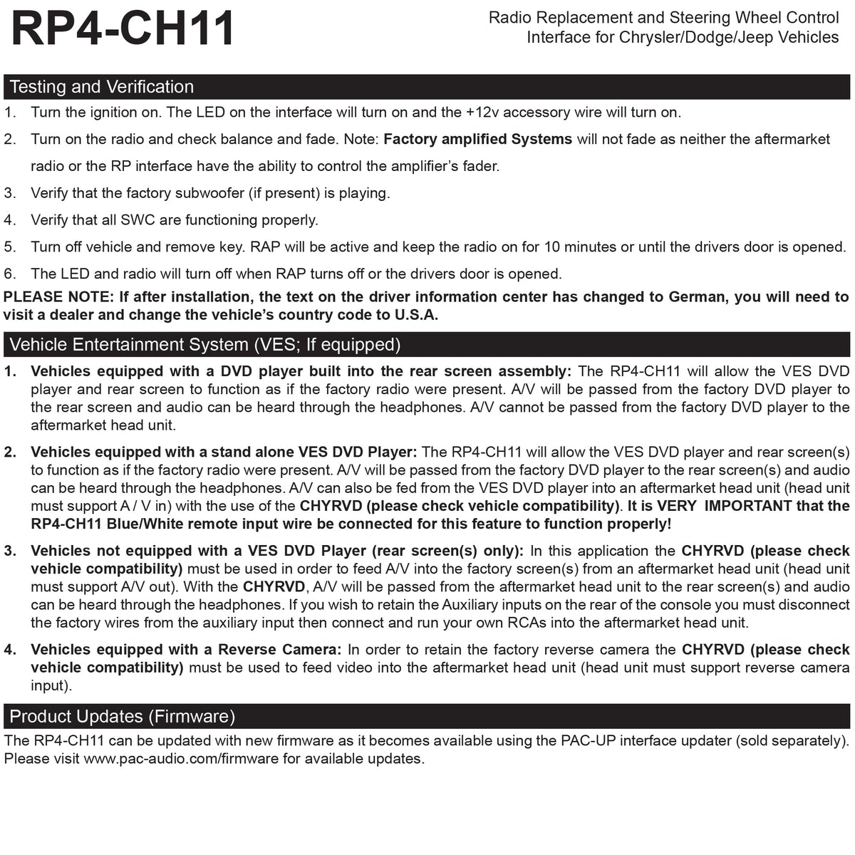 PAC RP4-CH11 packaging laid out with included cables and installation guide