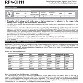 PAC RP4-CH11 vehicle compatibility label showing supported Chrysler signals