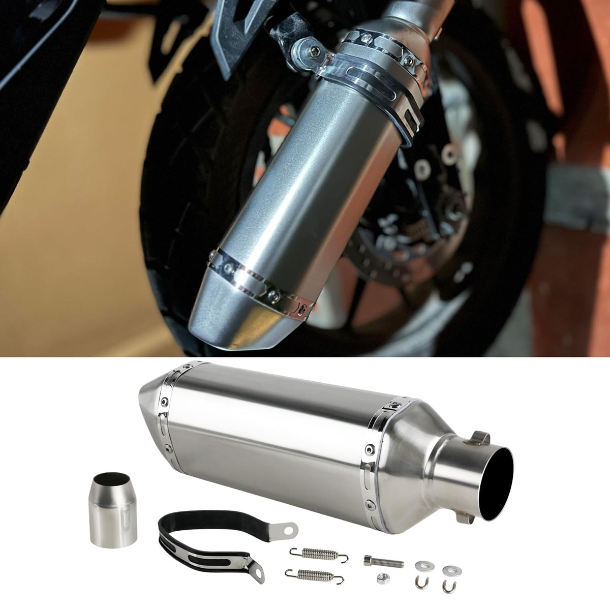 PACEWALKER muffler side profile mounted on motorcycle showing sporty look benefit