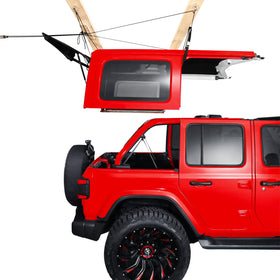 Pacikwest front-mounted hoist showing full hardtop lifted and clear ceiling storage benefit