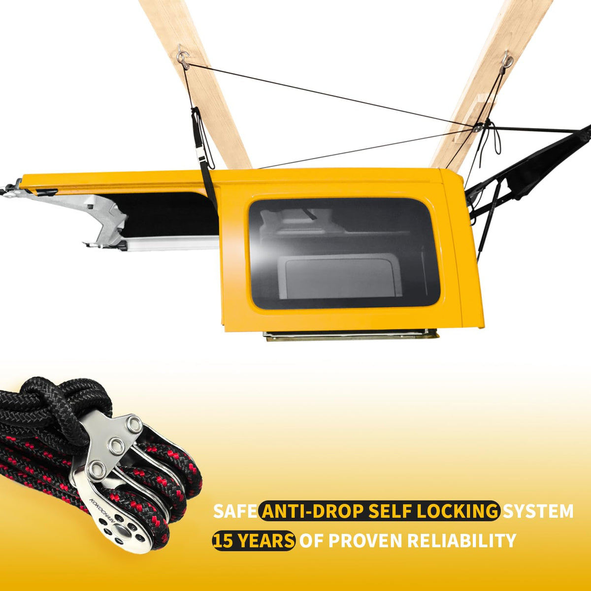 Pacikwest hoist installed above Jeep Wrangler freeing garage floor