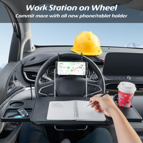 Paffenery tray installed on rear headrest offering passengers a secure table
