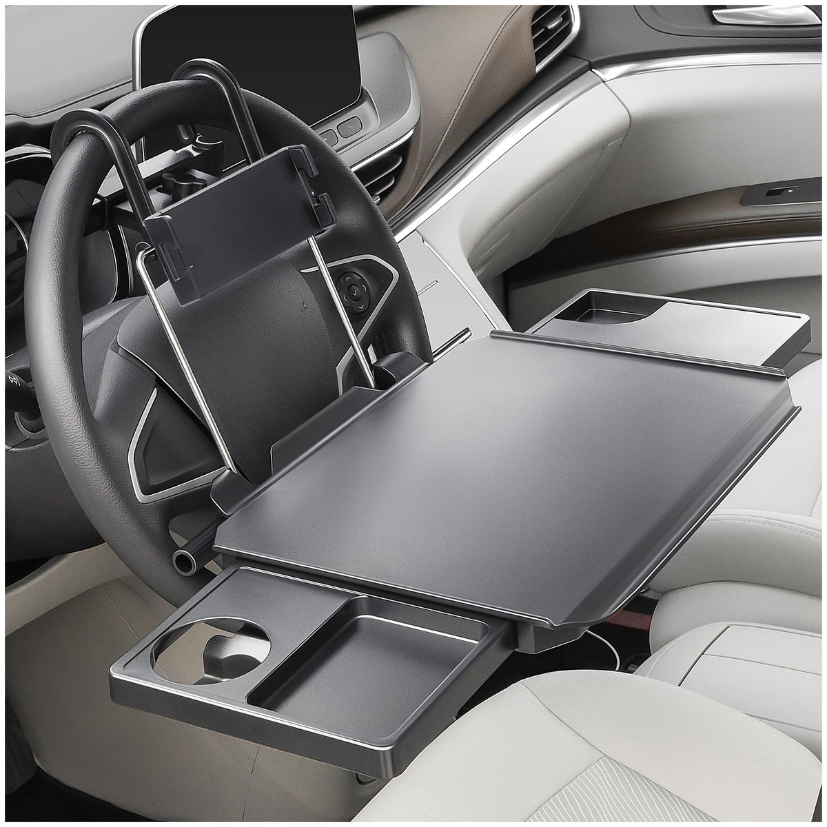 Paffenery front view of steering wheel tray showing full tabletop and hooks providing stability