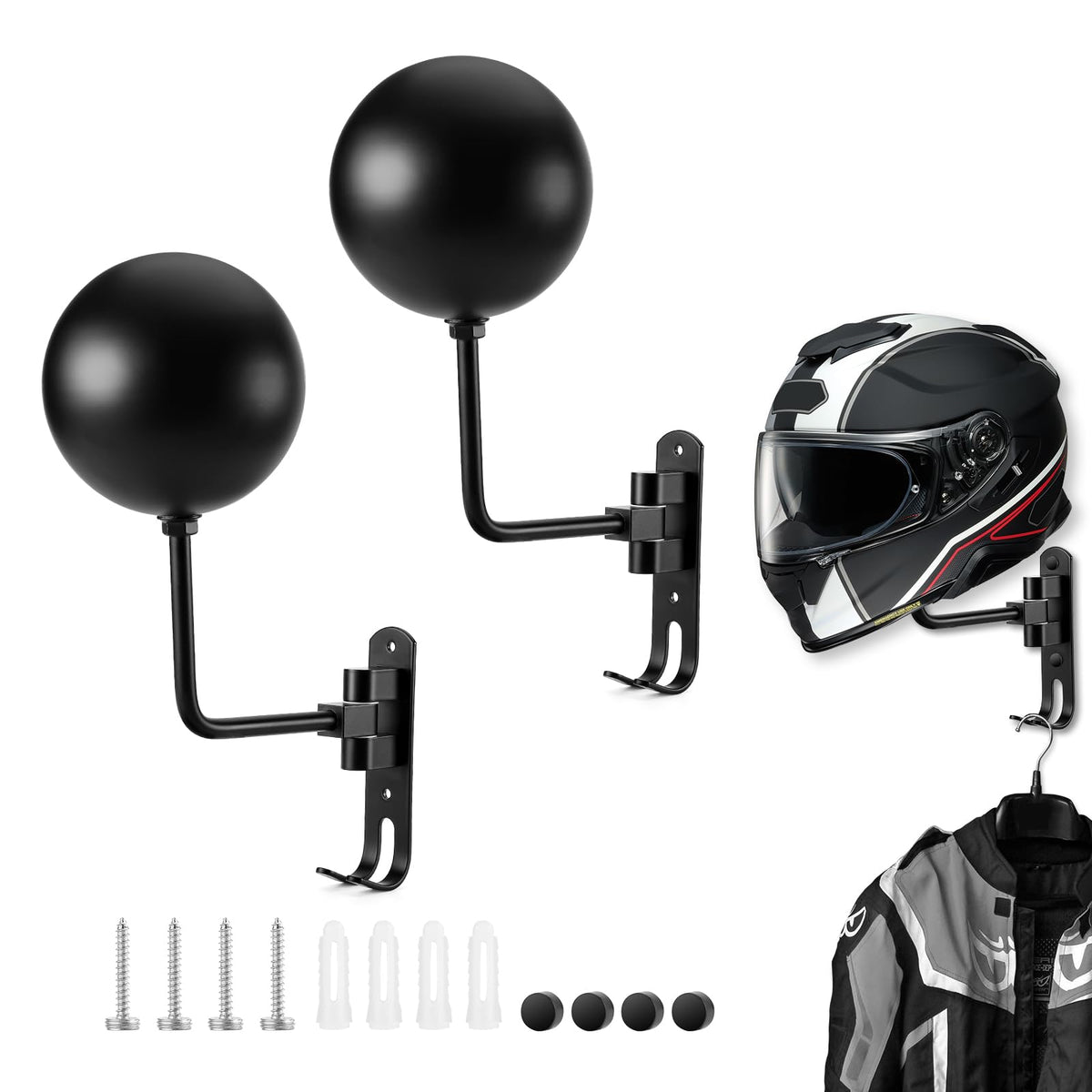 PAHTTO front view showing two helmet mounts and packaging, organized storage benefit