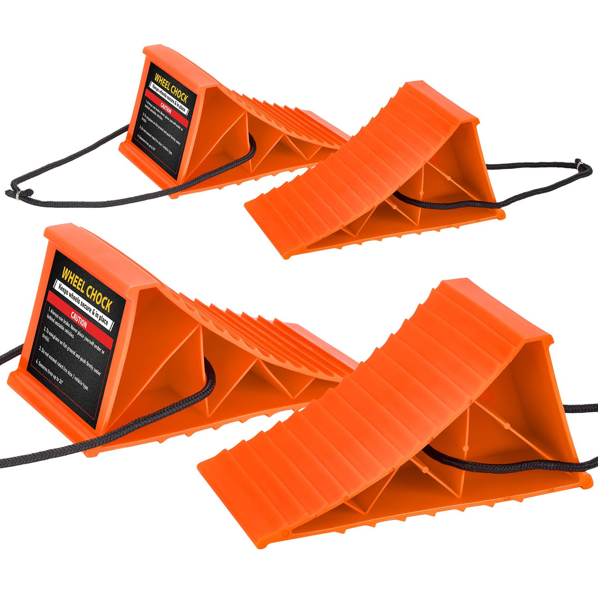 PAHTTO front view of four chocks showing bright color and shape for visibility