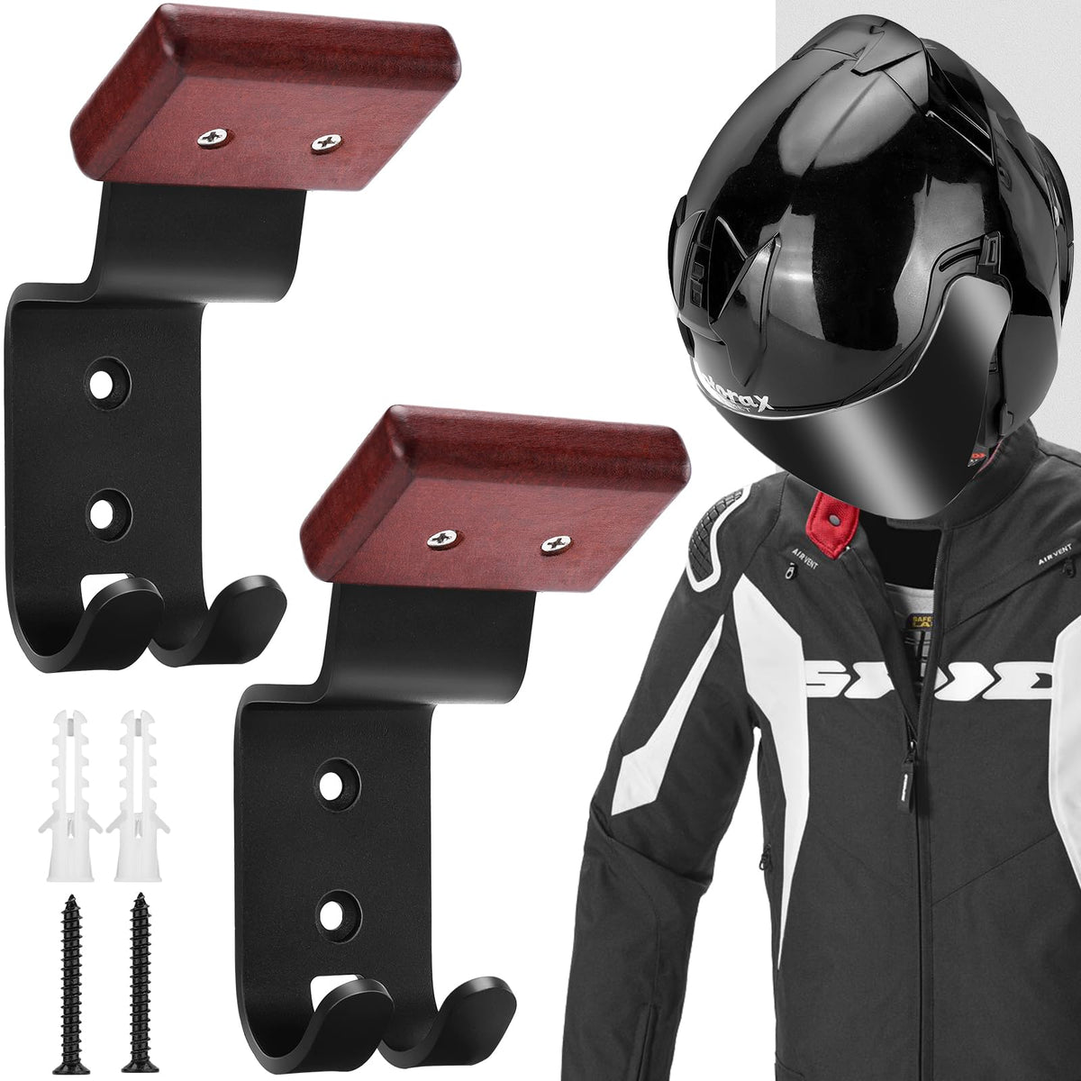 PAHTTO helmet rack front view showing sturdy double hooks and neat profile for organized storage