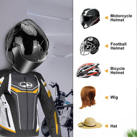PAHTTO mounted with motorcycle helmet demonstrating how the rack saves floor space and protects gear