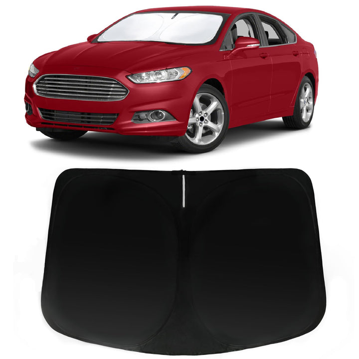PAIMOHO front-fit sun shade aligned to Ford Fusion windshield protecting interior
