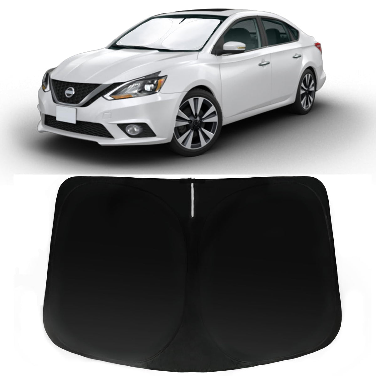 PAIMOHO front view of sun shade showing exact Sentra fit and fast setup