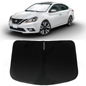 PAIMOHO front view of sun shade showing exact Sentra fit and fast setup
