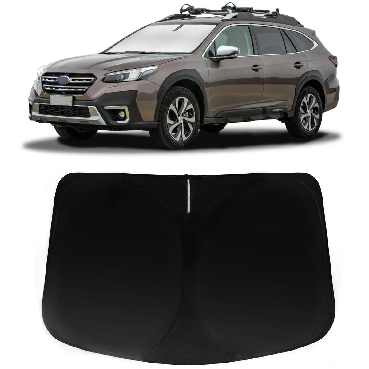 PAIMOHO front view showing custom-fit sun shade for Outback, protects interior