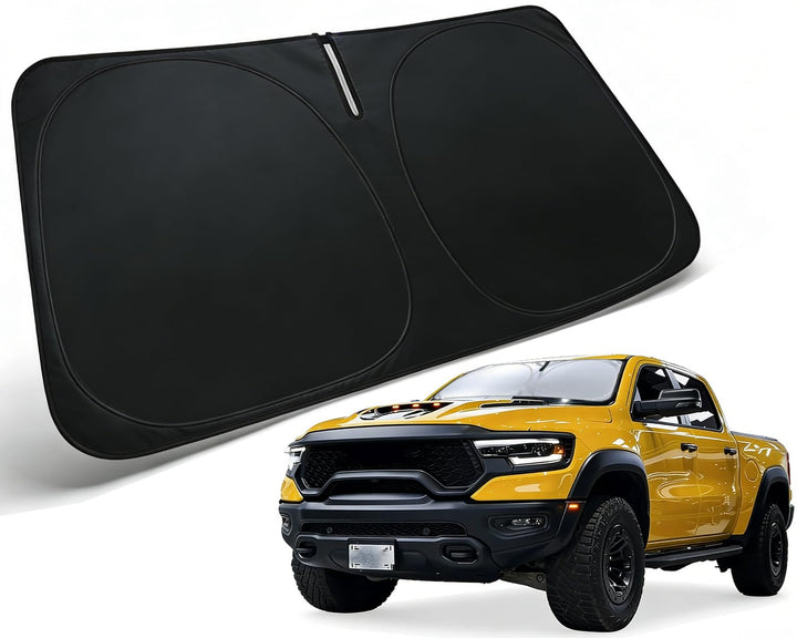 PAIMOHO front view sun shade fitted in RAM 1500 windshield showing full coverage benefit