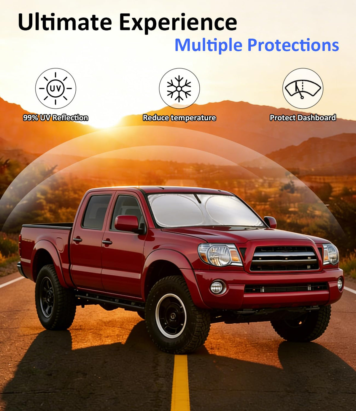 PAIMOHO installed on Toyota Tacoma windshield protecting cabin from sunlight